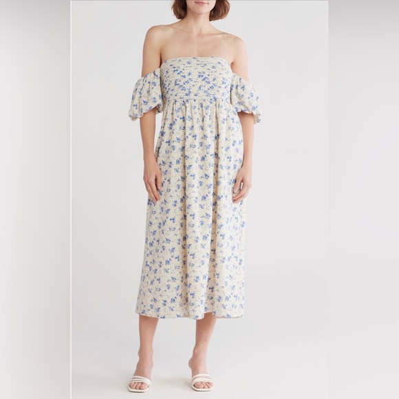 Lush Dresses & Skirts - Lush Blue Floral Off-Shoulder Midi Dress